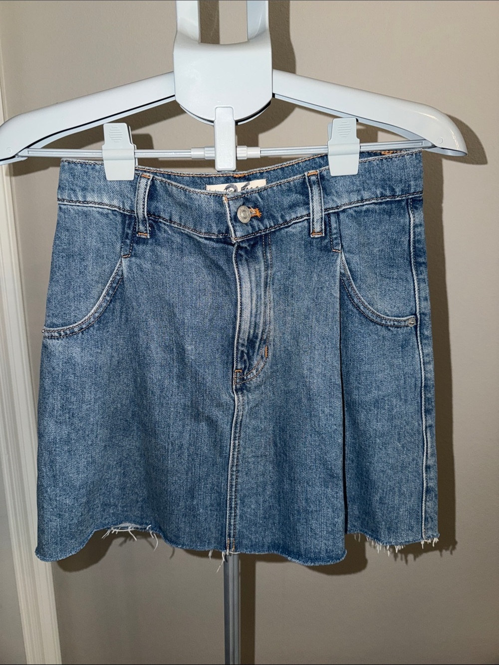 We The Free Blue Denim Mini Skirt with Raw Hem